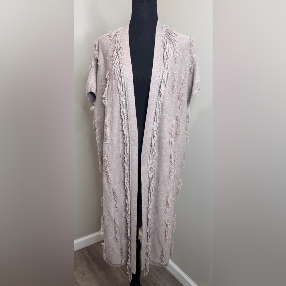 Pure Jill Elements Boho Fringe Textured Open Duster Cardigan‎ Large